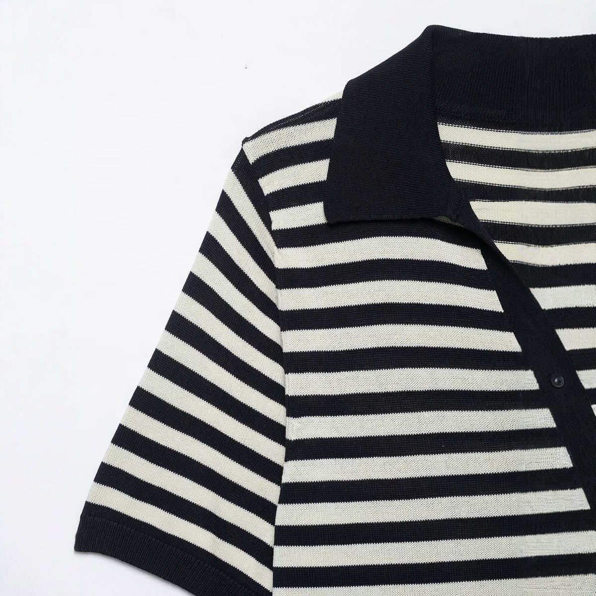 Casual slim fit lapel short sleeved striped knitted sweater for women