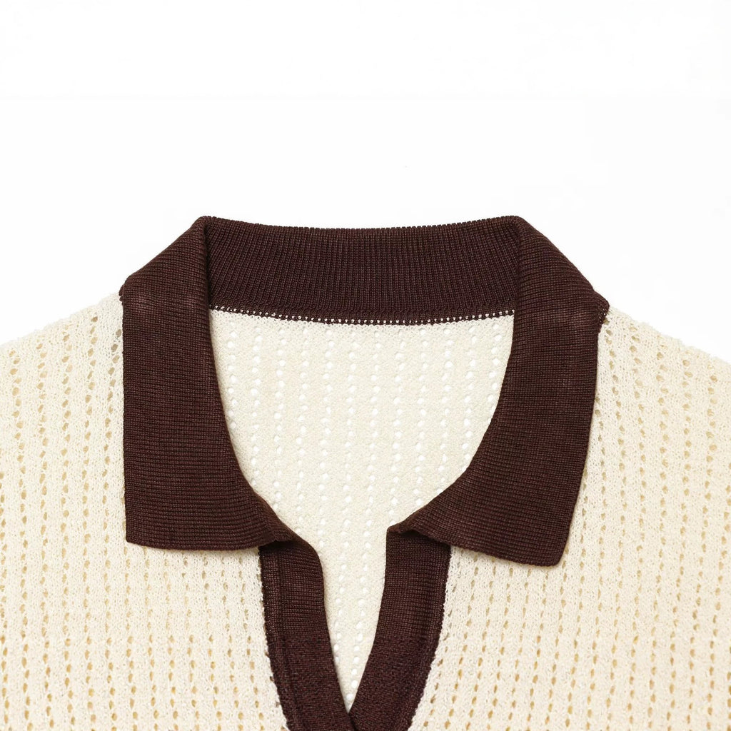 Short sleeved contrasting lapel striped knit sweater for women