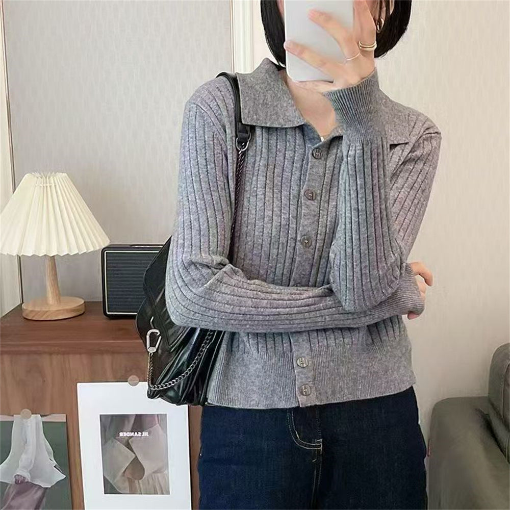 Polo collar solid color cardigan sweater for women