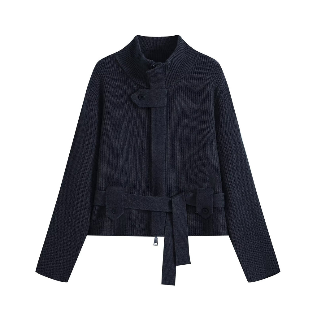 Half high collar zipper cardigan sweater