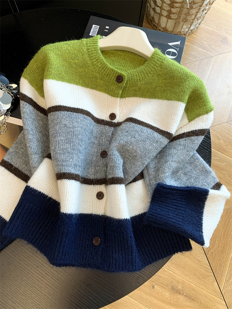Women's Vintage Color-Block Striped Knit Cardigan Relaxed Fit Sweater Top