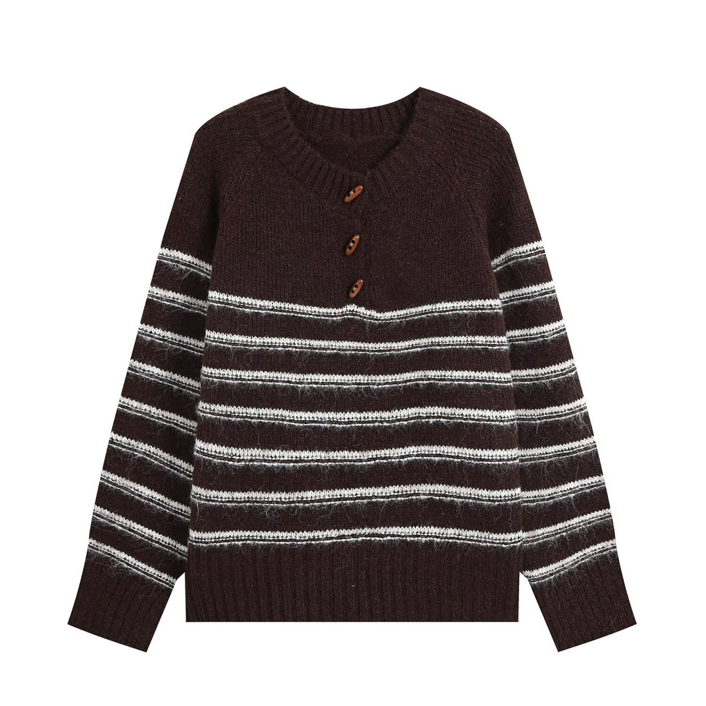 Half open round neck long sleeved striped knitted sweater for women