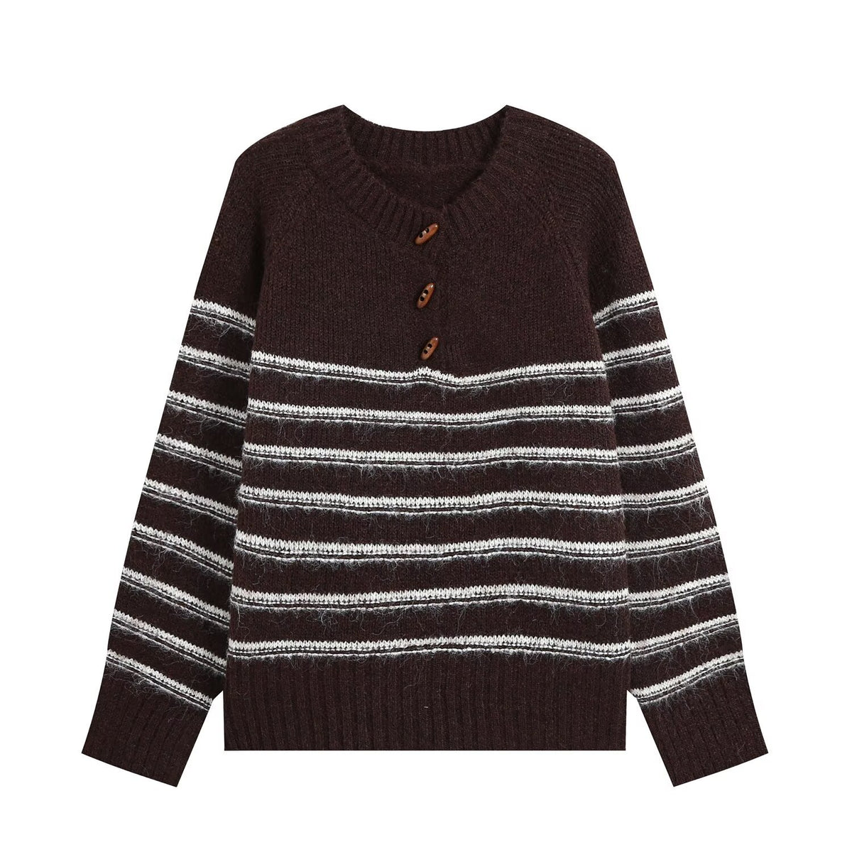 Half open round neck long sleeved striped knitted sweater for women