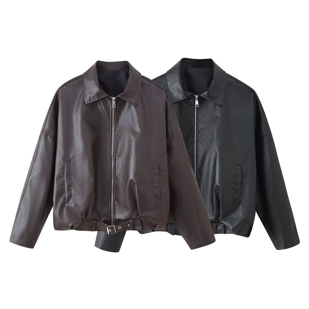 Leather jacket waist belt long sleeved jacket