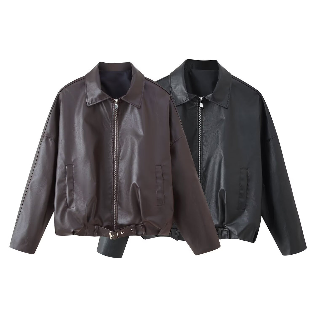 Leather jacket waist belt long sleeved jacket