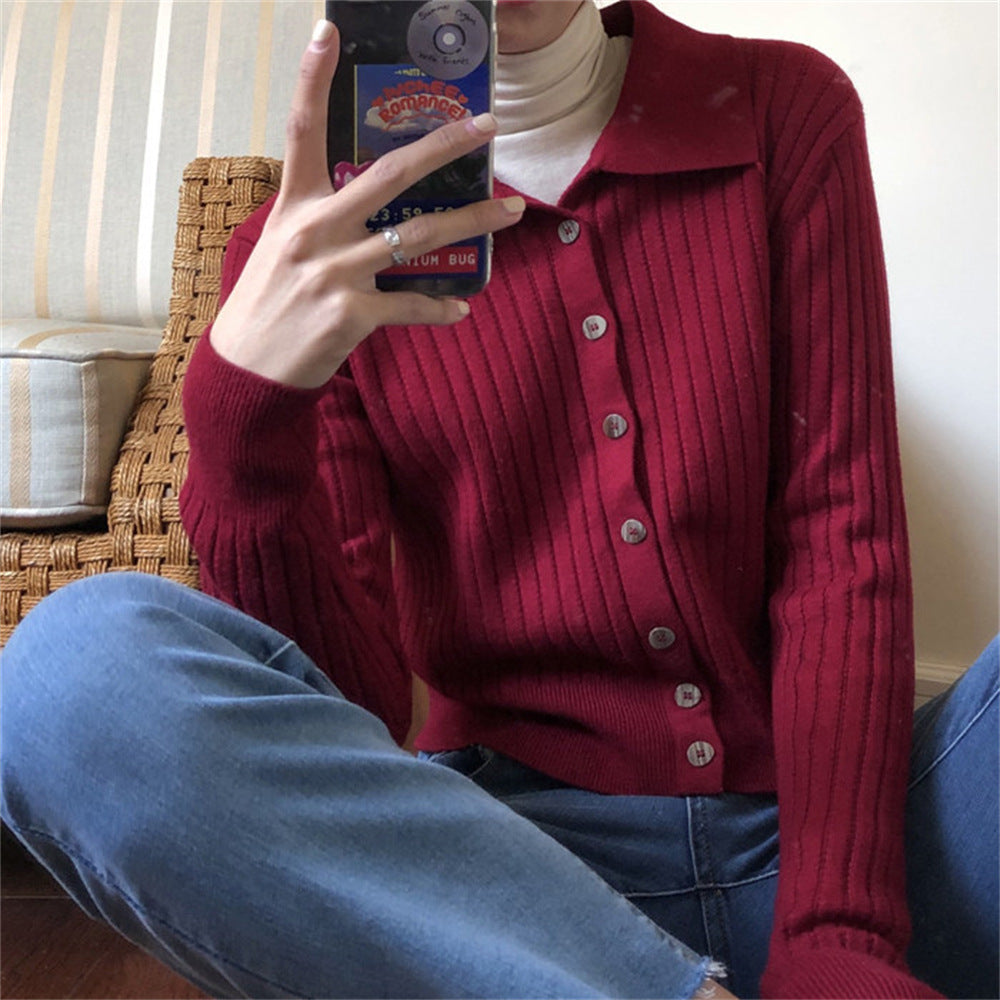 Polo collar solid color cardigan sweater for women