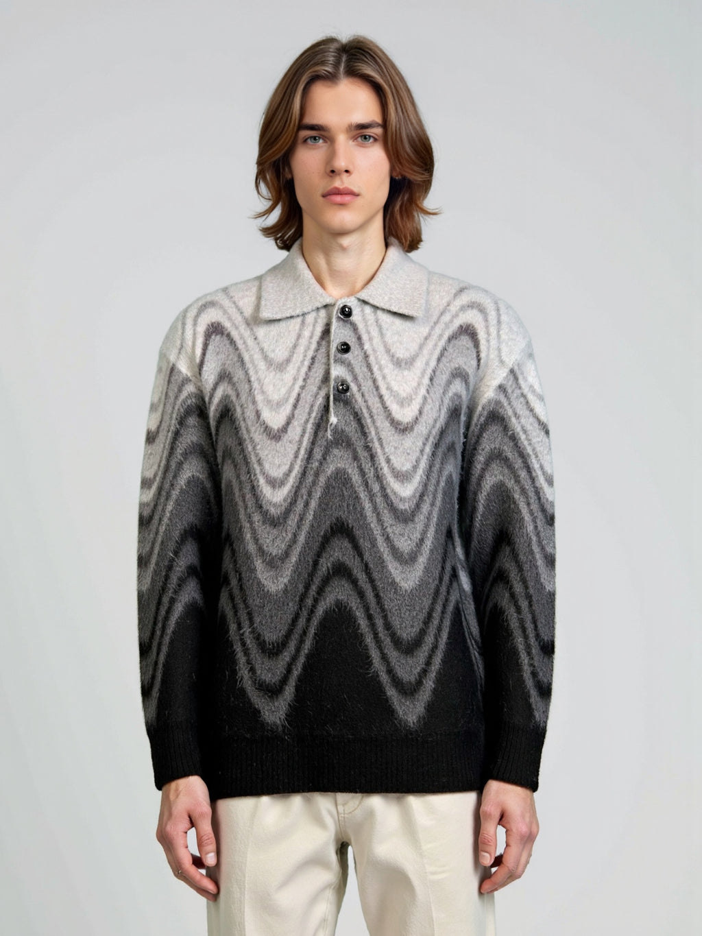 Wave patterned contrasting long sleeved sweater