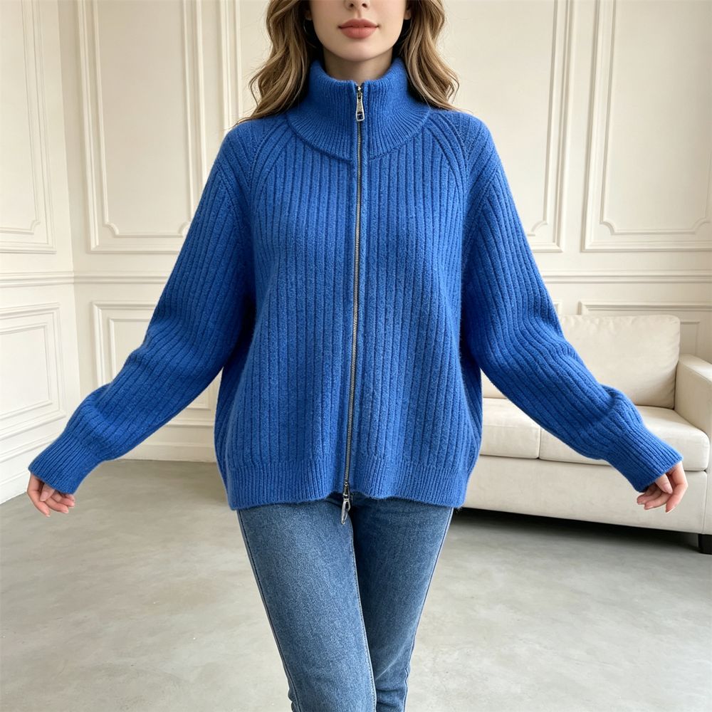 Stand up collar double zipper sweater for women
