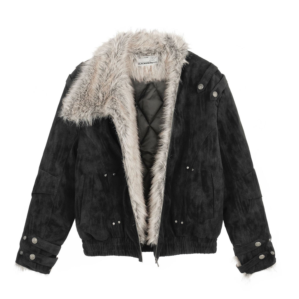 Workwear Faux Suede Diagonal Zipper Large Fur Collar Padded Winter Jacket