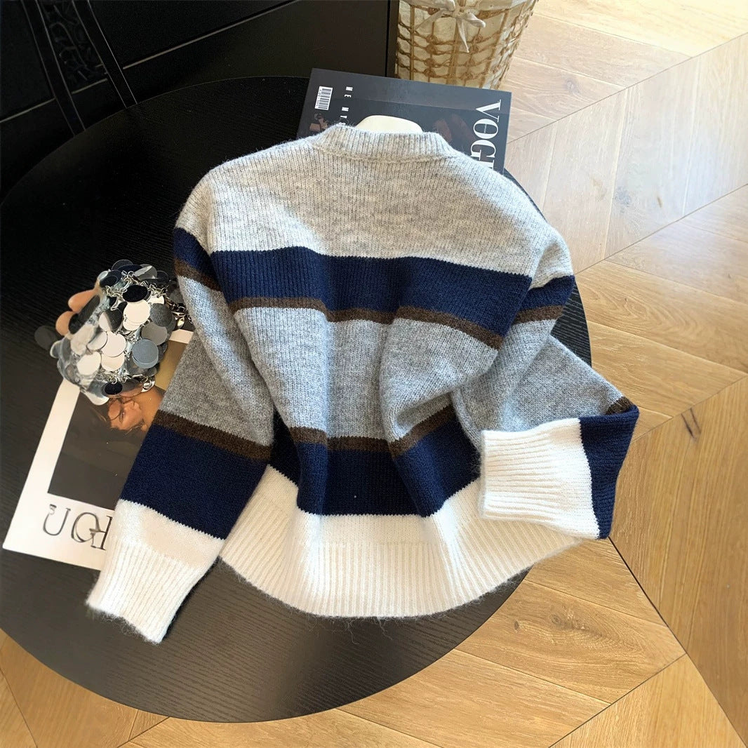 Women's Vintage Color-Block Striped Knit Cardigan Relaxed Fit Sweater Top
