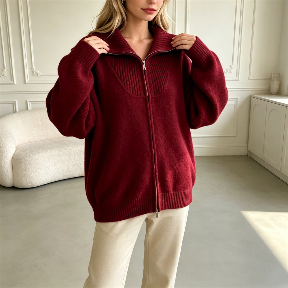 Double zipper lapel sweater
