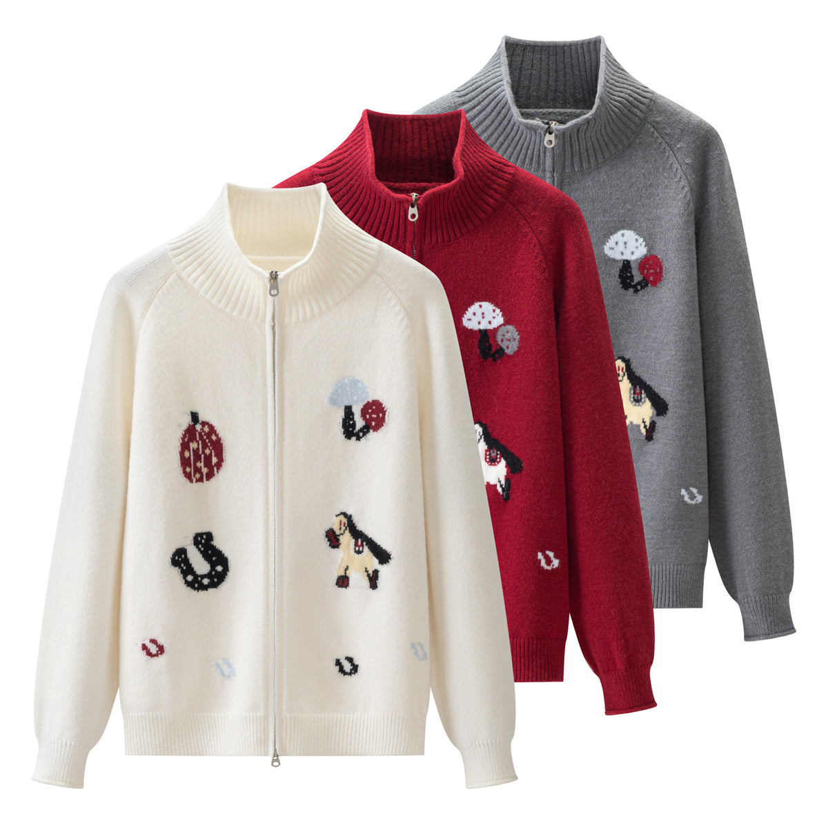 Jacquard Mock Neck Knit Zipper Cardigan