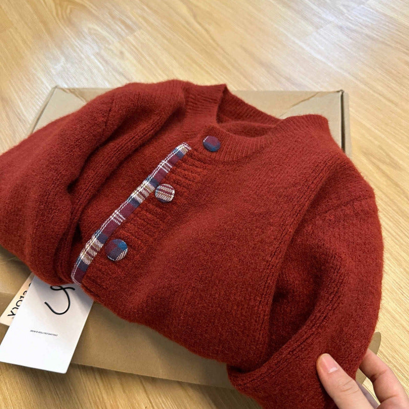 Faux Two-Piece Korean-Style Round Neck Patchwork Checkered Knit Sweater Long Sleeve