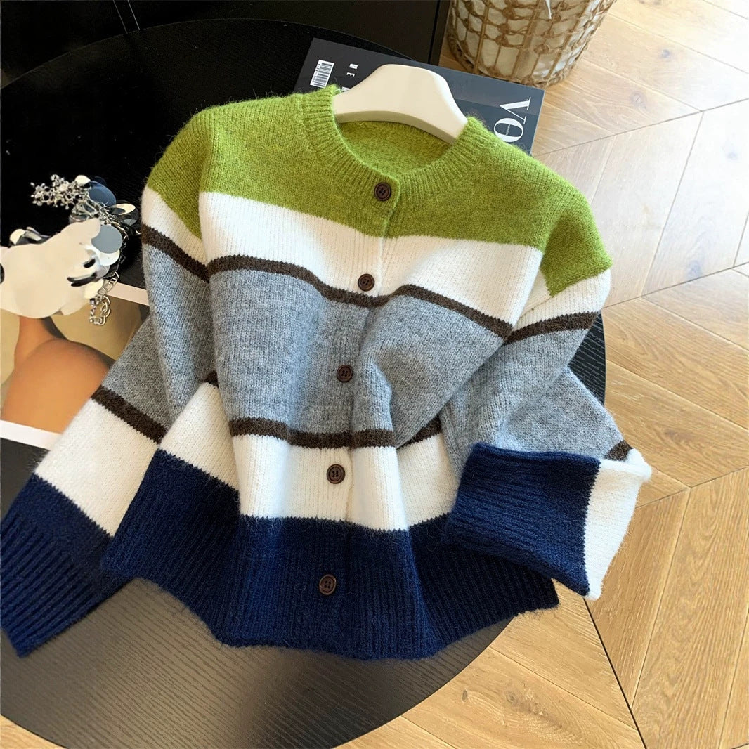 Women's Vintage Color-Block Striped Knit Cardigan Relaxed Fit Sweater Top