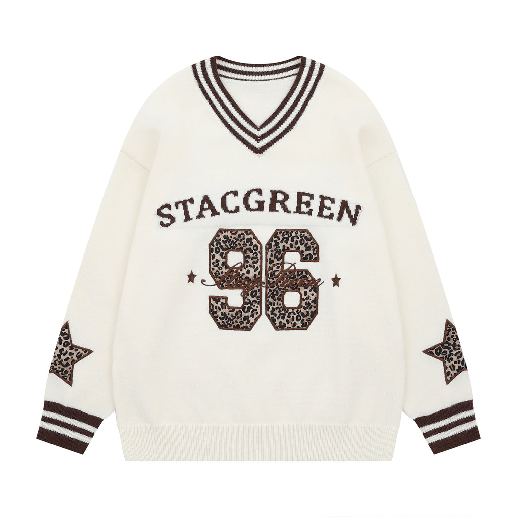 Striped V-neck letter jacquard sweater