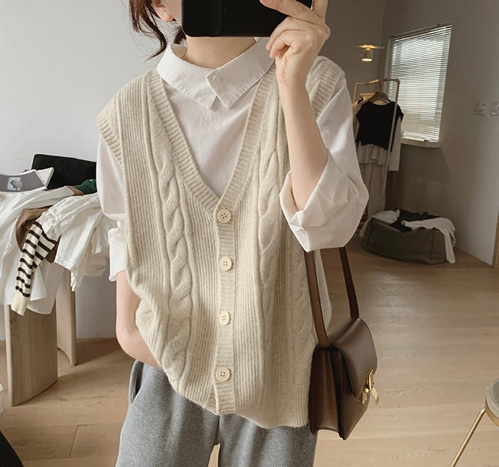 Cable Knit Sleeveless V-Neck Single-Breasted Cardigan Vest, Loose Fit Sweater Vest for Layering