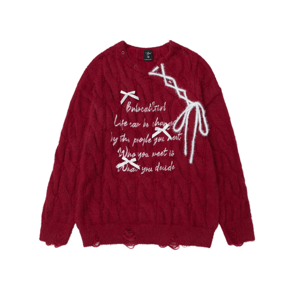 Bow tie tied letter printed sweater
