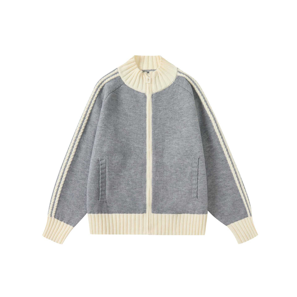 Color Block Long Sleeve Zip-Up Stand Collar Cardigan Jacket