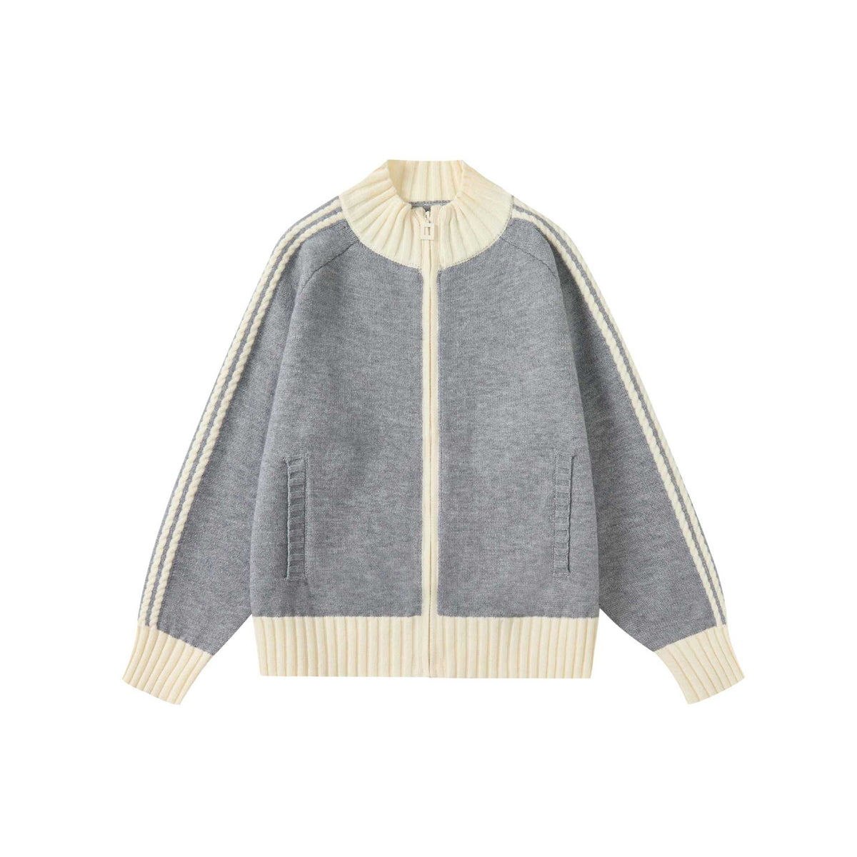 Color Block Long Sleeve Zip-Up Stand Collar Cardigan Jacket