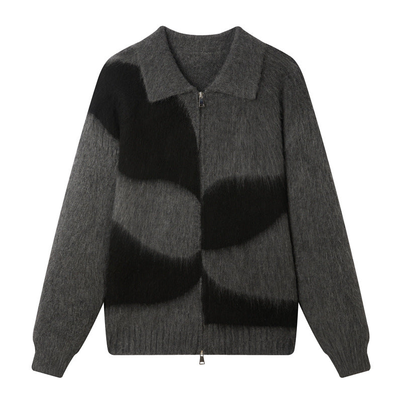 Color blocked lapel long sleeved sweater