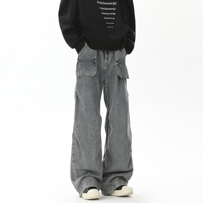 Retro pleated washed denim jeans for men