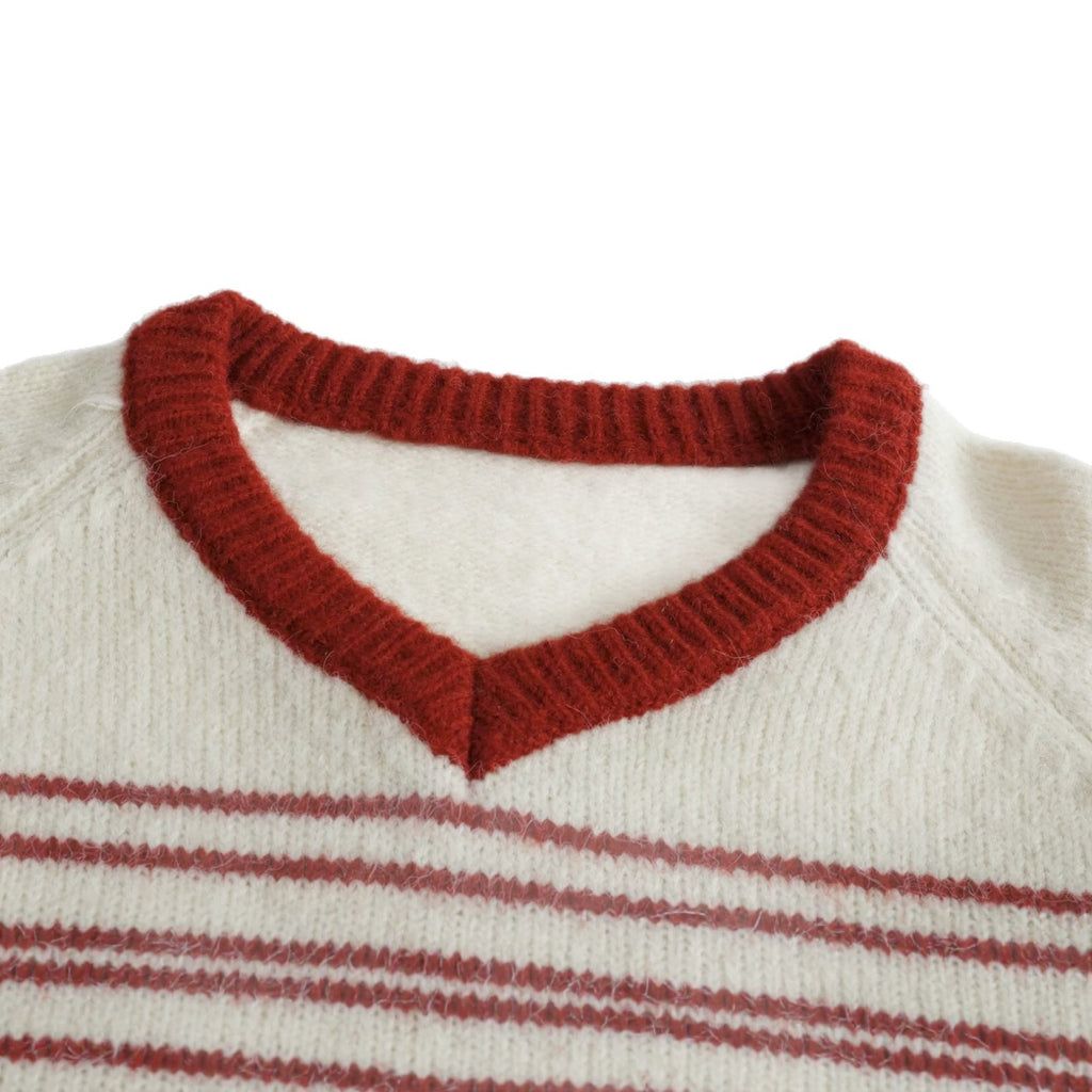 Relaxed Fit Drop Shoulder Color Block Stripe Long Sleeve V-Neck Pullover Sweater