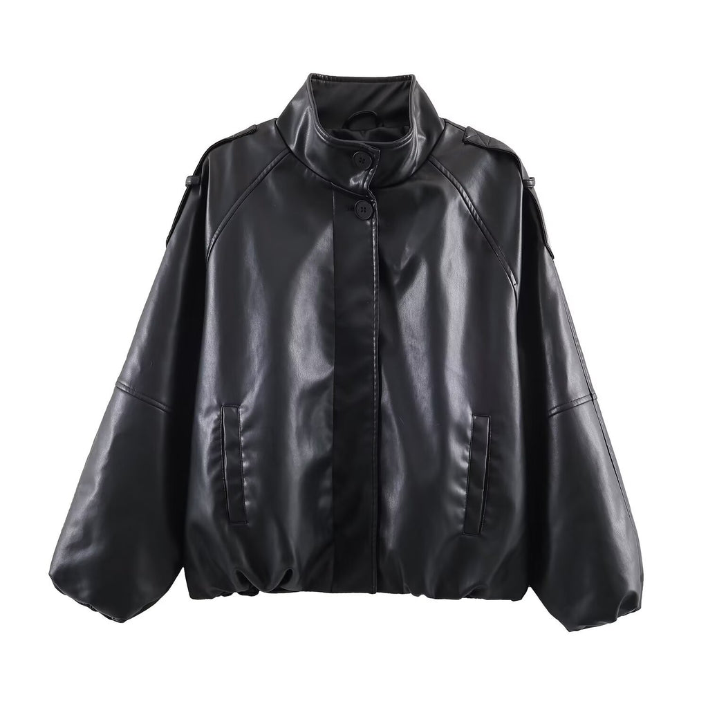 Imitation leather stand up collar jacket jacket