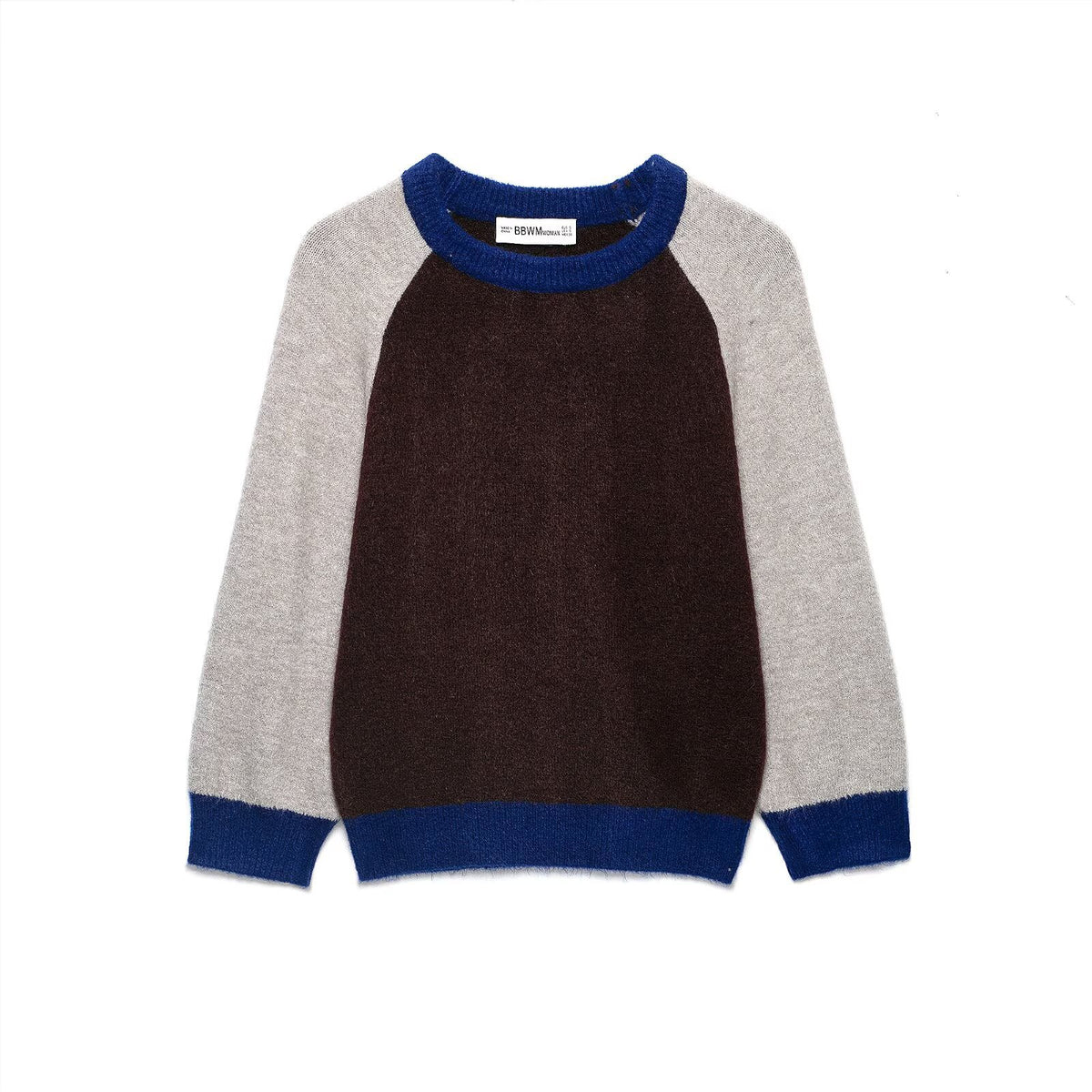 Casual long sleeved round neck patchwork color knitted sweater for women