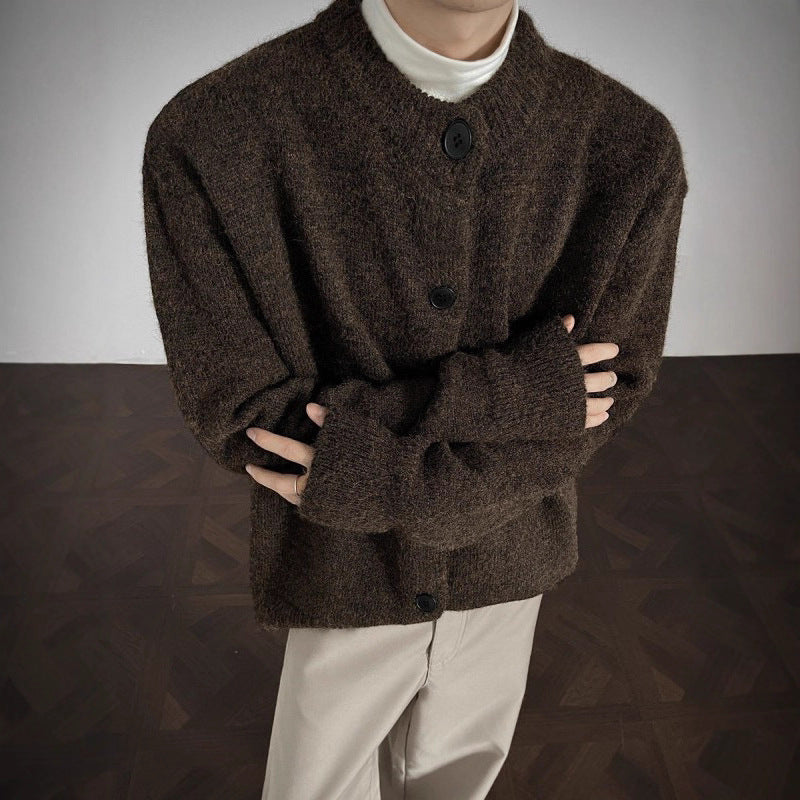 Men's Clean Fit Dark Gray Chanel-Style Short Open Front Knit Cardigan