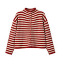 Button up stand up collar long sleeved striped knitted sweater for women