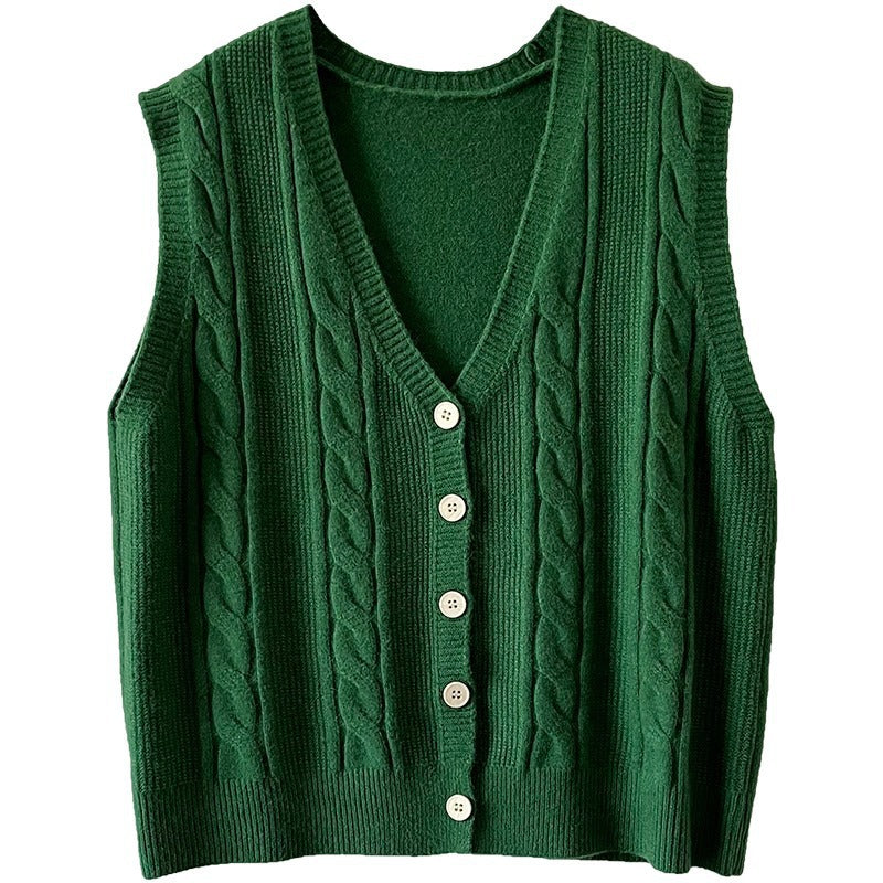 Cable Knit Sleeveless V-Neck Single-Breasted Cardigan Vest, Loose Fit Sweater Vest for Layering