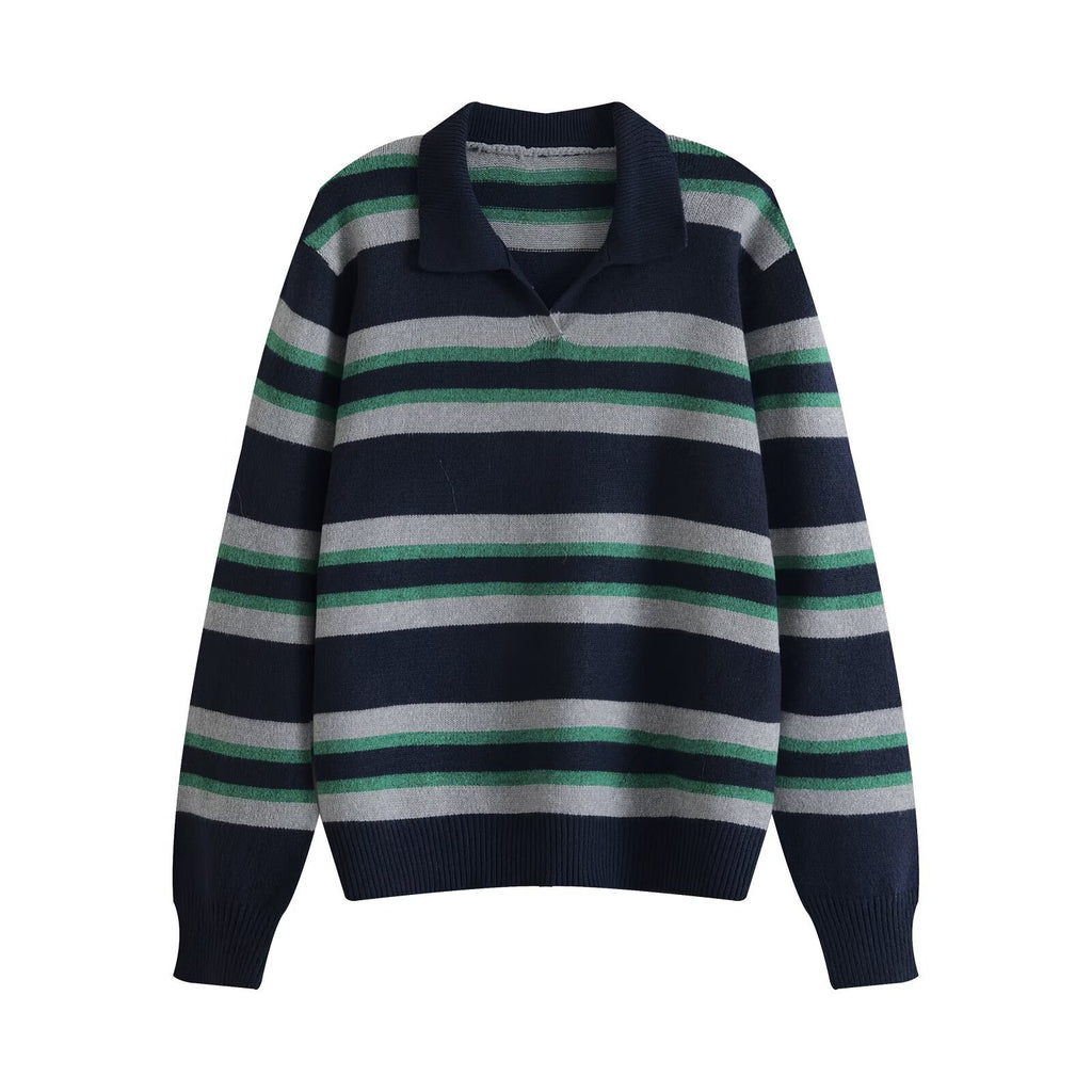 Women's Color-Block Stripe Polo Collar Loose Knit Sweater