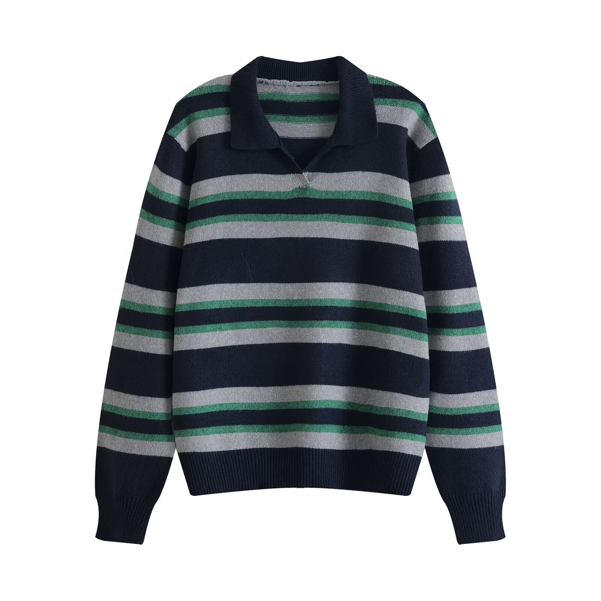 Women's Color-Block Stripe Polo Collar Loose Knit Sweater