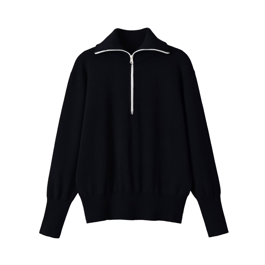 Loose contrasting color trimmed stand up collar knitted sweater for women
