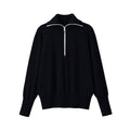 Loose contrasting color trimmed stand up collar knitted sweater for women