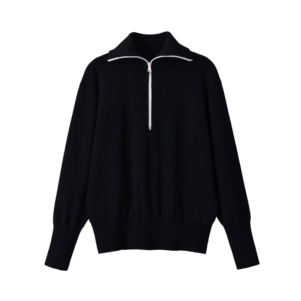 Loose contrasting color trimmed stand up collar knitted sweater for women