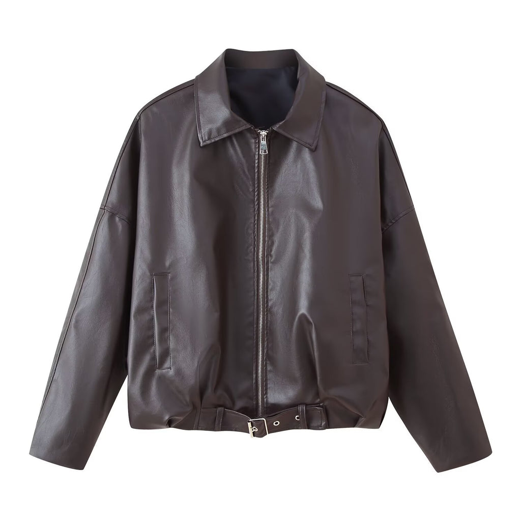 Leather jacket waist belt long sleeved jacket