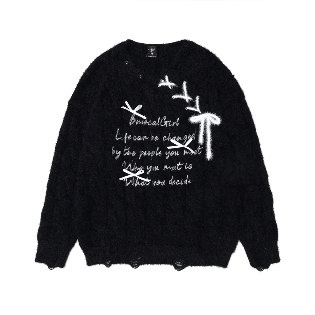 Bow tie tied letter printed sweater
