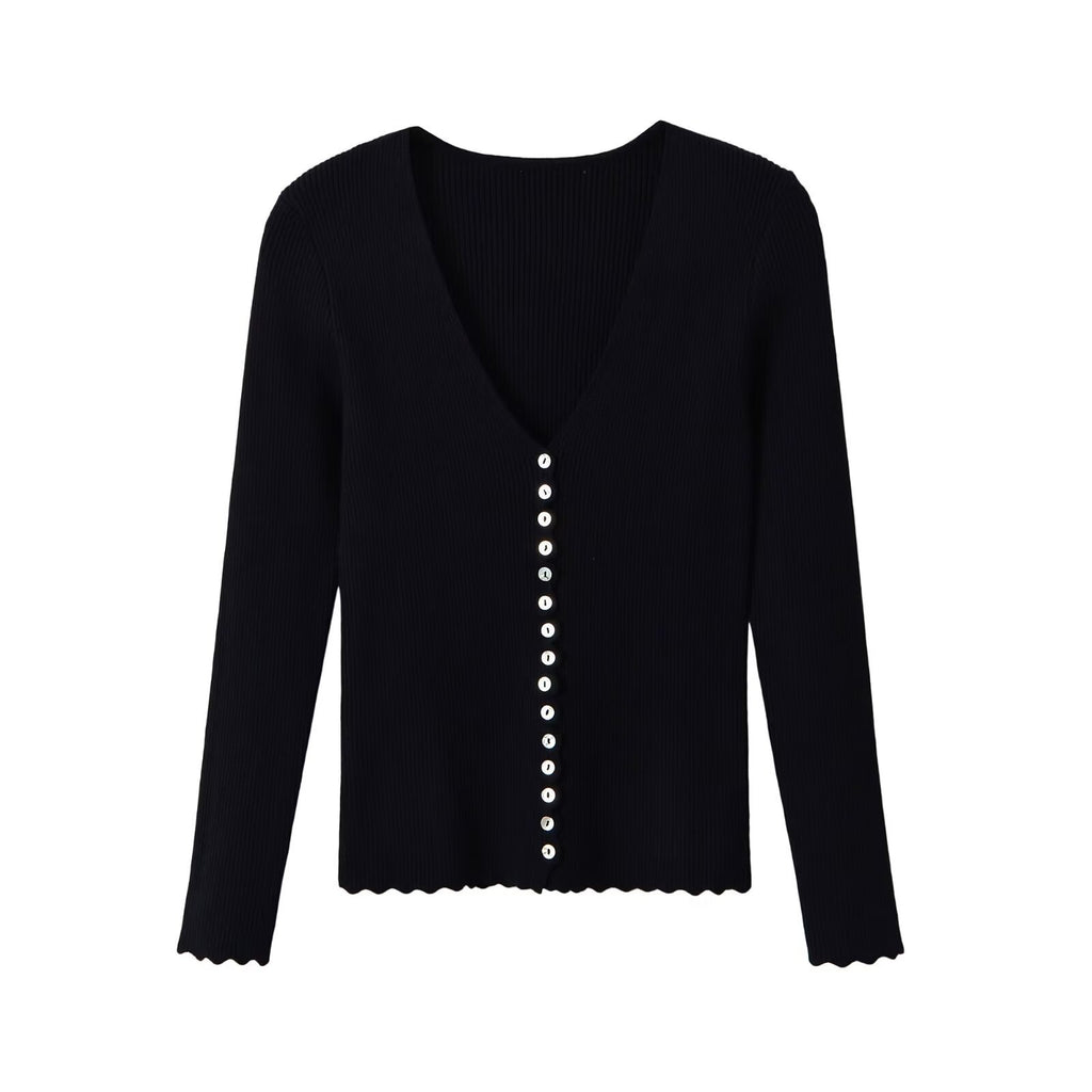 Simple breasted deep V-neck slim fit knitted sweater for women