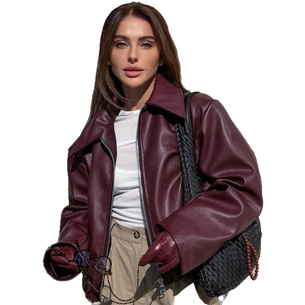PU leather jacket loose jacket women's zipper leather jacket