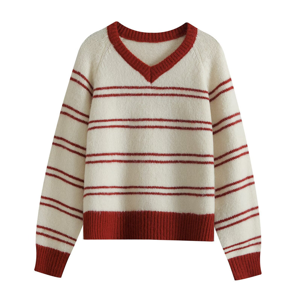 Relaxed Fit Drop Shoulder Color Block Stripe Long Sleeve V-Neck Pullover Sweater