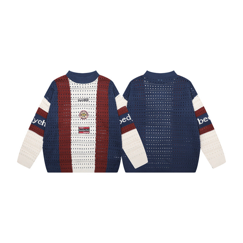 Color blocking vertical stripe hollow sweater
