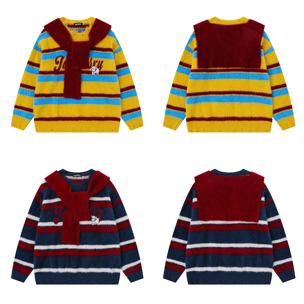 Striped contrasting shawl design sweater