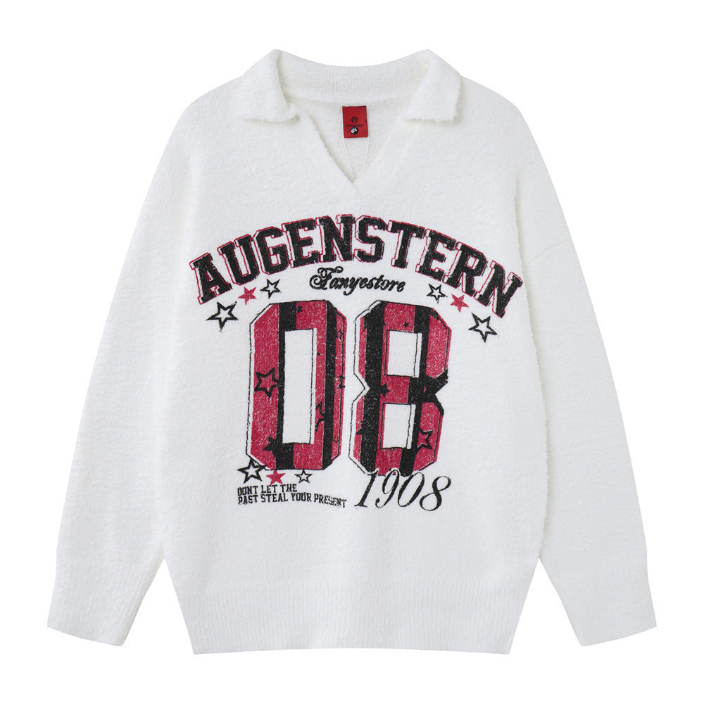 Letter printed V-neck pullover sweater