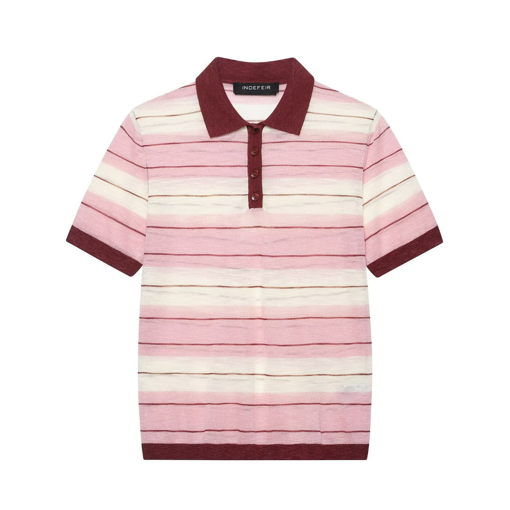 lapel striped short sleeved knitted sweater