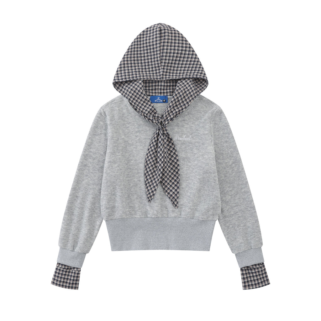 Plaid Patchwork Cropped Long Sleeve Hooded Drawstring Fake Two-Piece Pullover Top