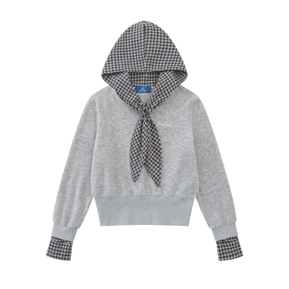 Plaid Patchwork Cropped Long Sleeve Hooded Drawstring Fake Two-Piece Pullover Top