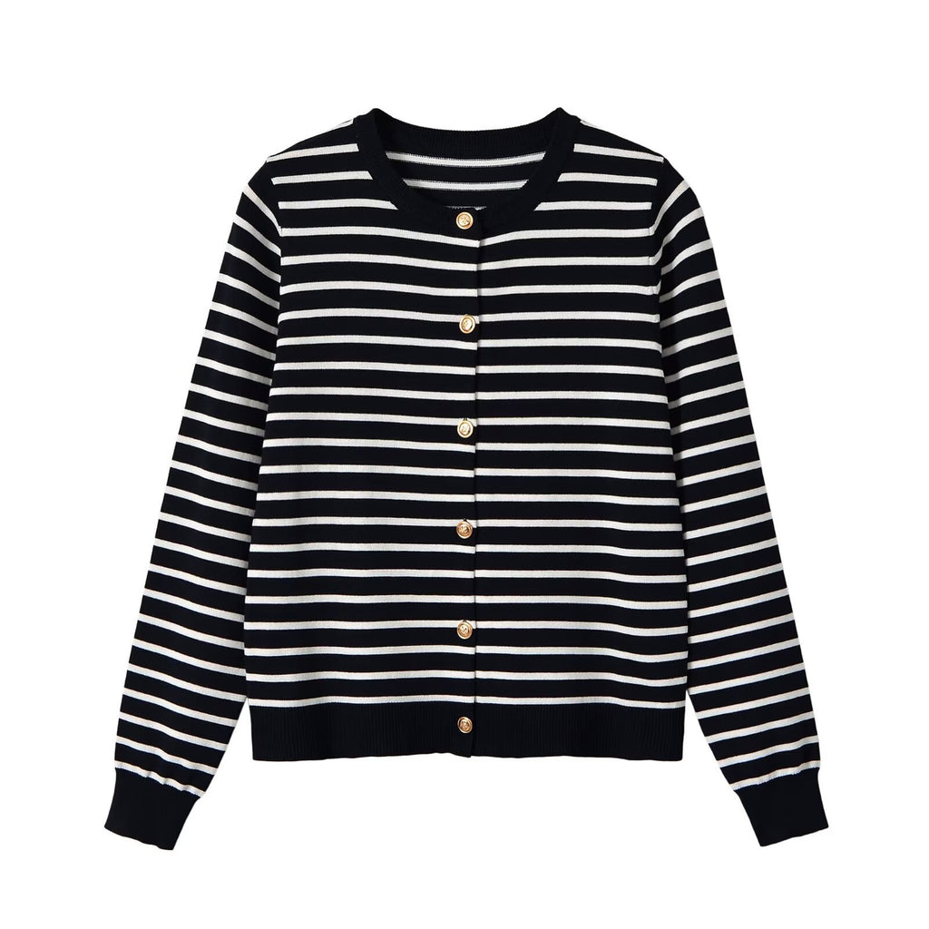 Casual and minimalist striped breasted round neck knitted sweater for women