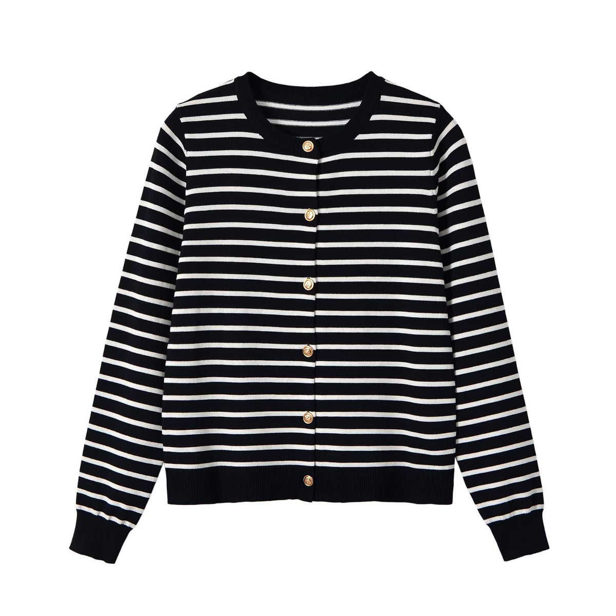 Casual and minimalist striped breasted round neck knitted sweater for women