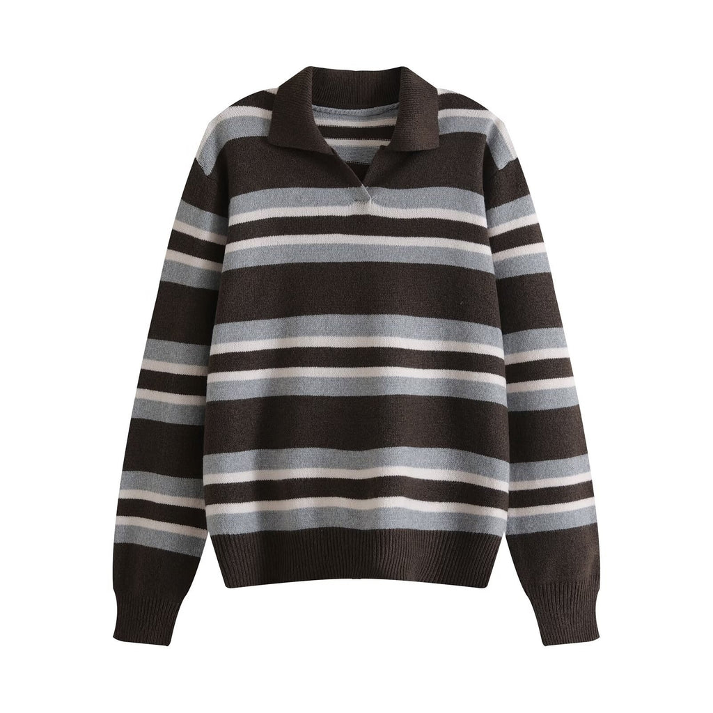 Women's Color-Block Stripe Polo Collar Loose Knit Sweater